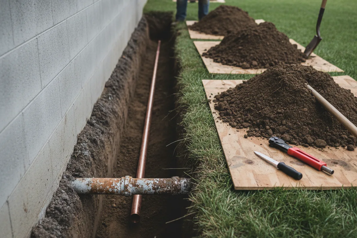 Excavated water line trench during Water Softener Installation in Thousand Palms